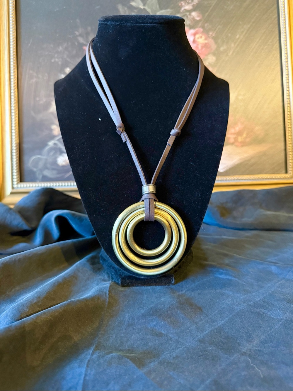 Gold Triple Ring Pendant Necklace with Leather Cord